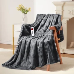 Heated Throw Blanket Electric - Soft Ribbed Flannel Heated Blanket With 6 Heating Levels & 8 Time Settings