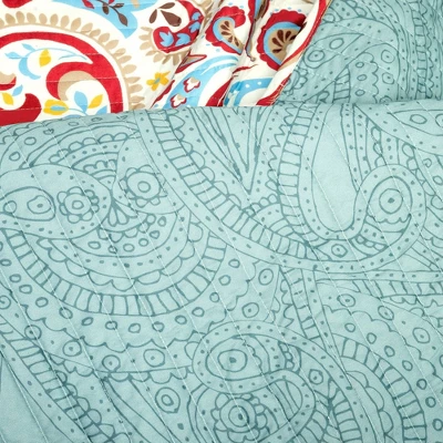 Lush Décor 3pc Boho Chic Reversible Oversized Cotton Quilt Set Seafoam/Red 3 Lush Décor 3pc Boho Chic Reversible Oversized Cotton Quilt Set Seafoam/Red - Image 3