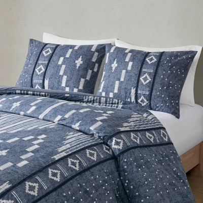 Inari Cotton Printed Duvet Cover Set With Trims Indigo Blue - Ink+Ivy 4 Inari Cotton Printed Duvet Cover Set With Trims Indigo Blue - Ink+Ivy - Image 4