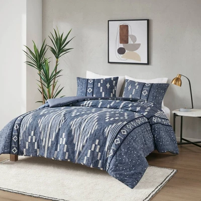 Inari Cotton Printed Duvet Cover Set With Trims Indigo Blue - Ink+Ivy 1 Inari Cotton Printed Duvet Cover Set With Trims Indigo Blue - Ink+Ivy