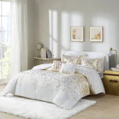 Kendra Metallic Printed Comforter Set Ivory/Gold