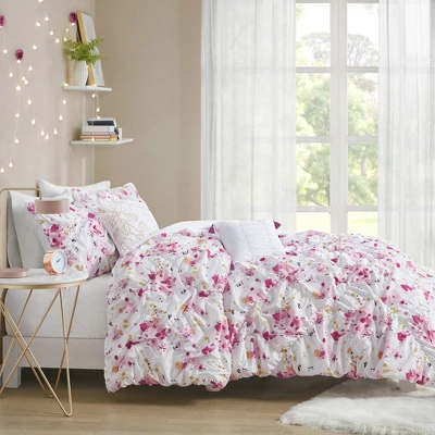 Penelope Floral Printed Ruched Comforter Set Pink 2 Penelope Floral Printed Ruched Comforter Set Pink - Image 2