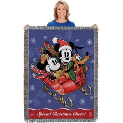 Disney's Mickey Mouse, "Sleigh Ride" Woven Tapestry Throw Blanket, 48" X 60", Multi Color
