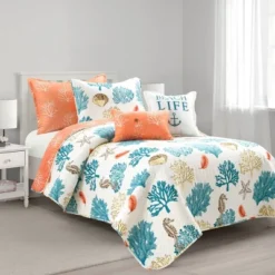 Coastal Reef Feather Reversible Quilt Set Blue/Coral - Lush Décor -Bedding Discount Store GUEST 57970600 572b 4151 a282 52fdf09f2b98