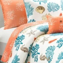 Coastal Reef Feather Reversible Quilt Set Blue/Coral - Lush Décor -Bedding Discount Store GUEST 59c297d2 c930 4067 b09f 6c47ab61abe3
