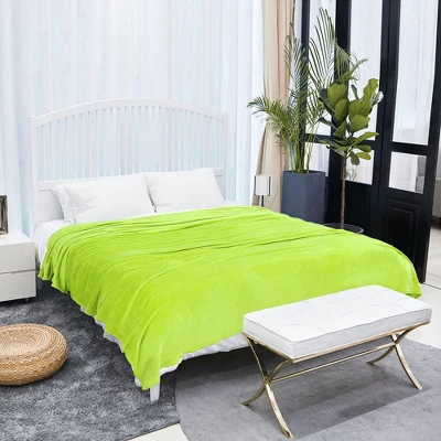 1 Pc Full/Queen Polyester Flannel Fleece Bed Blankets Yellow Green - PiccoCasa 2 1 Pc Full/Queen Polyester Flannel Fleece Bed Blankets Yellow Green - PiccoCasa - Image 2