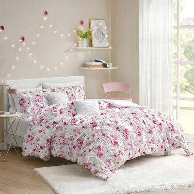 Penelope Floral Printed Ruched Comforter Set Pink 1 Penelope Floral Printed Ruched Comforter Set Pink
