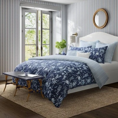 Laura Ashley 5pc Twin Branch Toile 100% Cotton Duvet Cover Bonus Set Blue 1 Laura Ashley 5pc Twin Branch Toile 100% Cotton Duvet Cover Bonus Set Blue