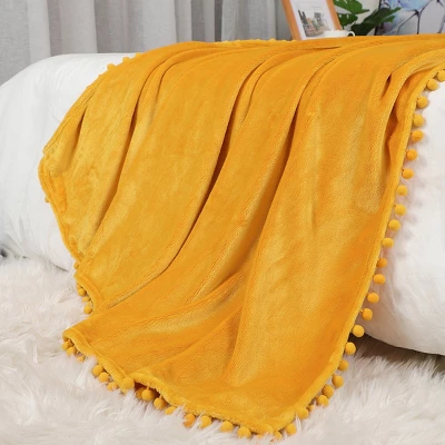 1 Pc Polyester Luxury Flannel With Pompom Fringe Bed Blankets - PiccoCasa 1 1 Pc Polyester Luxury Flannel With Pompom Fringe Bed Blankets - PiccoCasa