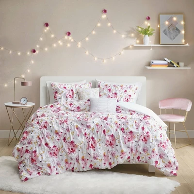 Penelope Floral Printed Ruched Comforter Set Pink 3 Penelope Floral Printed Ruched Comforter Set Pink - Image 3