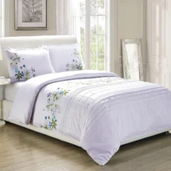 Classic Spring Blooms Colorful Floral Embroidered 200-Thread Count Cotton Modern And Transitional 3-Piece Duvet Cover Set By Blue Nile Mills