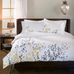 Modern Floral Embroidered Cotton Duvet Cover And Pillow Sham Set - Blue Nile Mills