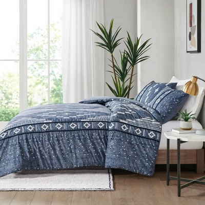 Inari Cotton Printed Duvet Cover Set With Trims Indigo Blue - Ink+Ivy 3 Inari Cotton Printed Duvet Cover Set With Trims Indigo Blue - Ink+Ivy - Image 3