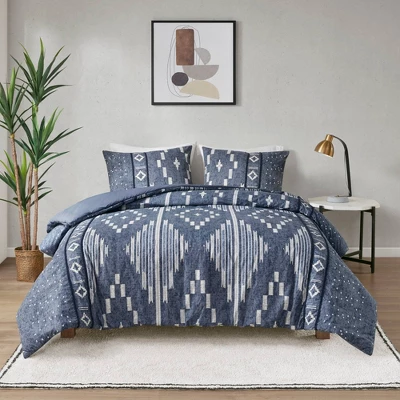 Inari Cotton Printed Duvet Cover Set With Trims Indigo Blue - Ink+Ivy 2 Inari Cotton Printed Duvet Cover Set With Trims Indigo Blue - Ink+Ivy - Image 2