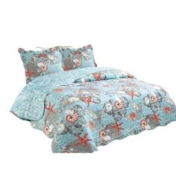 J&V TEXTILES Full/Queen Reversible Printed Quilt Set Bed Blankets Light Blue/White