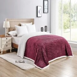 Plazatex Soft Plush Corduroy Lined Oversized All Season Comfort For Bedroom Or Lounging Blankets - Queen 90" X 90", Burgundy