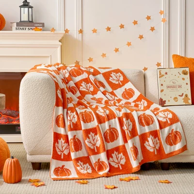 Snuggle Sac Ultra-Soft Microfiber Fall Checkered Pumpkin Maple Leaf Throw Blanket, Seasonal Decorative Accent 1 Snuggle Sac Ultra-Soft Microfiber Fall Checkered Pumpkin Maple Leaf Throw Blanket, Seasonal Decorative Accent